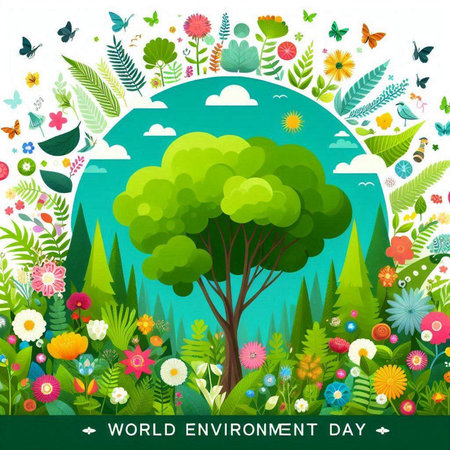 World environment day vector illustration. Natural background with green tree and flowers.のイラスト素材