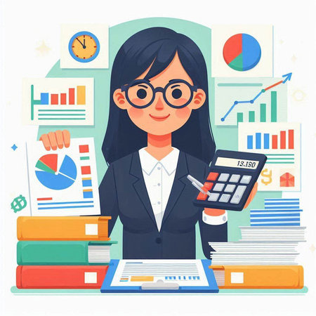 Business woman with calculator and documents in office. Vector illustration in flat styleのイラスト素材