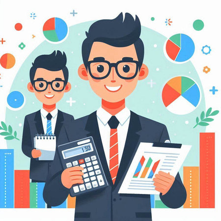 Businessman with calculator and documents. Vector illustration in flat style.のイラスト素材
