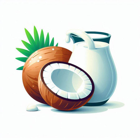 Coconut milk in a glass and fresh coconuts on a white backgroundのイラスト素材