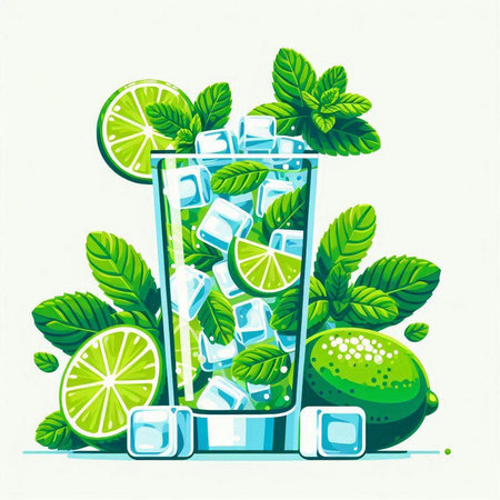 Mojito cocktail with lime, mint and ice cubes. Vector illustration.のイラスト素材