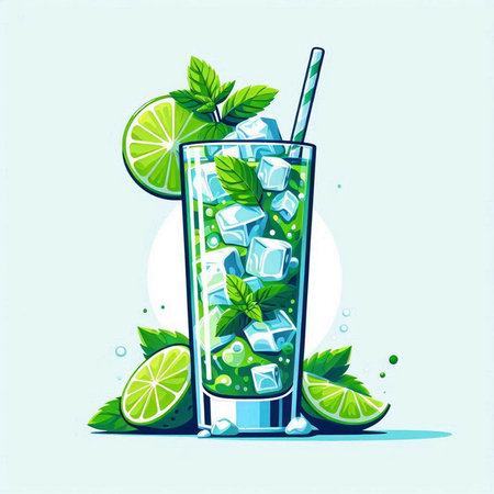 Mojito cocktail with lime, mint and ice. Vector illustration.のイラスト素材