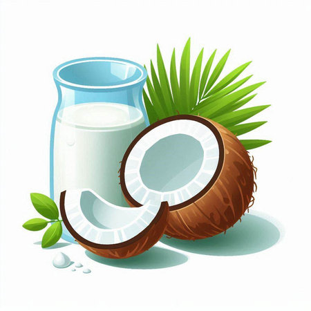 Coconut milk in a glass and whole coconuts on a white backgroundのイラスト素材
