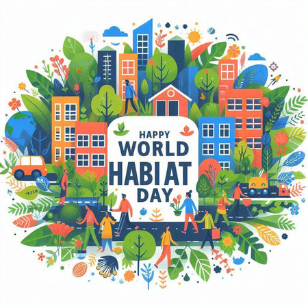 Happy World Health Day greeting card with people and buildings. Vector illustration.のイラスト素材
