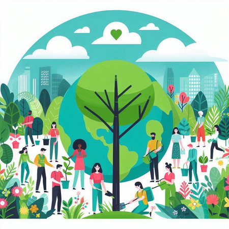 People working in the garden. People planting trees, caring for nature. Flat vector illustration.のイラスト素材