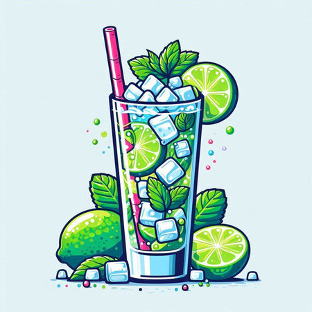 Mojito cocktail with lime, mint and ice. Vector illustration.のイラスト素材