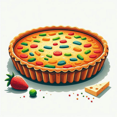 Illustration of a pie with strawberries and candies on a white backgroundのイラスト素材