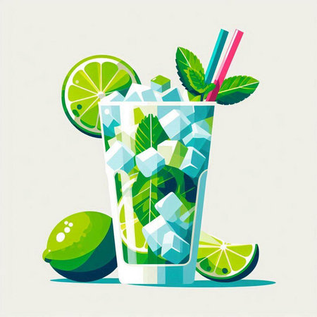 Mojito cocktail with lime, mint and ice cubes. Vector illustration.のイラスト素材
