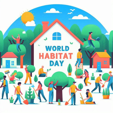 World Horticulture Day Vector Illustration. Cartoon People Characters Working in Garden with House, Gardening Tools, Planting Plants, Planting Trees. Earth Day Poster or Bannerのイラスト素材