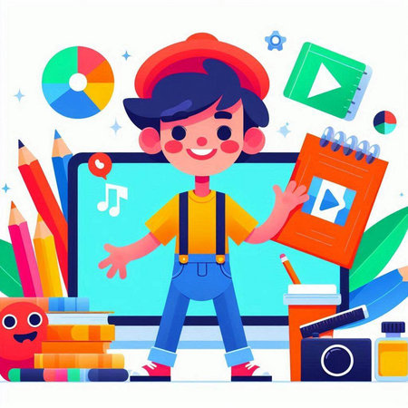 Back to school, online education concept. Cute boy with school supplies. Vector illustrationのイラスト素材