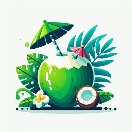 Coconut cocktail with tropical leaves and umbrella. Vector illustration.のイラスト素材