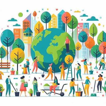 Vector illustration of people working in the city park. Earth day concept.のイラスト素材