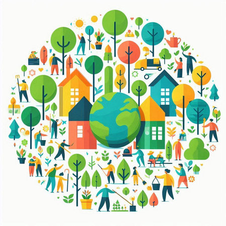 Ecology concept in circle shape with icons of people and trees.のイラスト素材