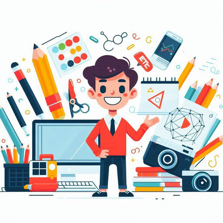 Cartoon school boy with school supplies. Vector illustration in flat styleのイラスト素材