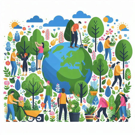 Vector illustration of people working in the garden. Earth day concept.のイラスト素材