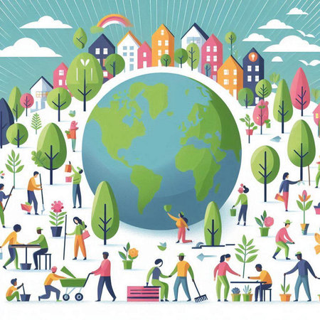 Vector illustration of people planting trees in the park. Earth day concept.のイラスト素材