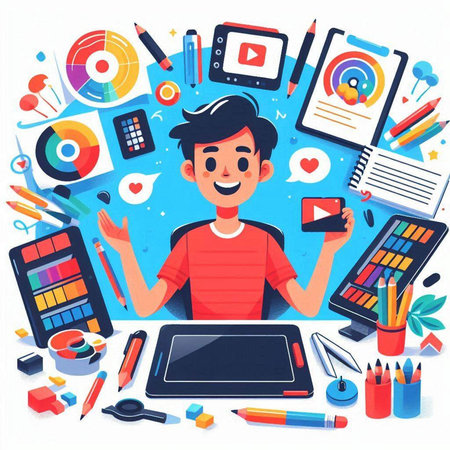 Cartoon boy with tablet computer and office supplies. Vector illustration.のイラスト素材