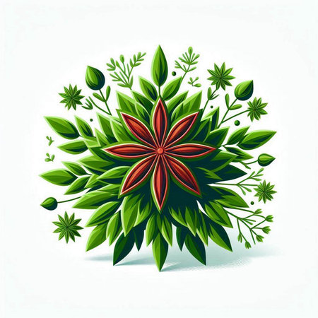 Vector illustration of anise star with green leaves on white background.のイラスト素材
