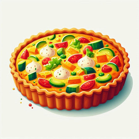 Illustration of a pie with mozzarella, tomato, cucumber and peppersのイラスト素材