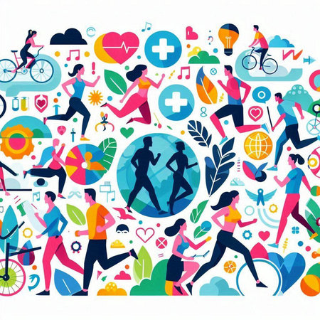 Healthy lifestyle concept with people running, cycling, running, running, jogging, running. Vector illustration.のイラスト素材
