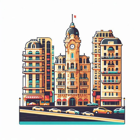 Cityscape of the European city. Vector illustration in flat style.のイラスト素材