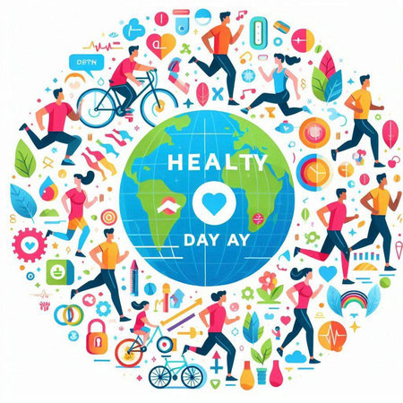 World Health Day banner with people running around the globe. Vector illustration.のイラスト素材