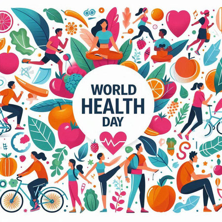 World Health Day banner with people and healthy lifestyle symbols. Vector illustrationのイラスト素材