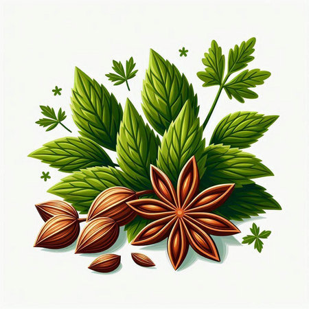 Illustration of star anise with green leaves on a white backgroundのイラスト素材