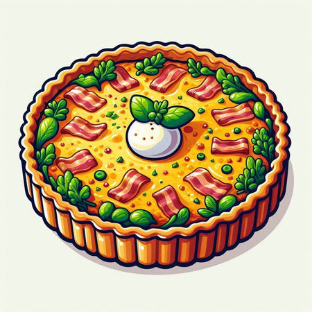 Illustration of a pie with bacon, eggs and herbs on a white backgroundのイラスト素材