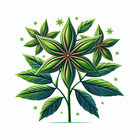 Illustration of a green plant on a white background with stars.のイラスト素材
