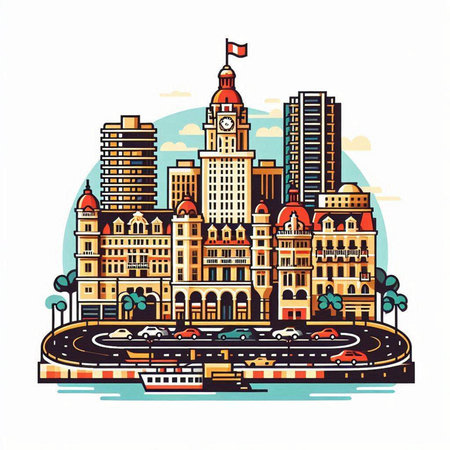 Cityscape with buildings, roads and cars. Vector illustration in flat styleのイラスト素材