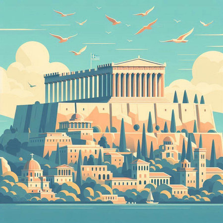 Ancient Greece cityscape. Vector illustration in flat style. Travel background.のイラスト素材