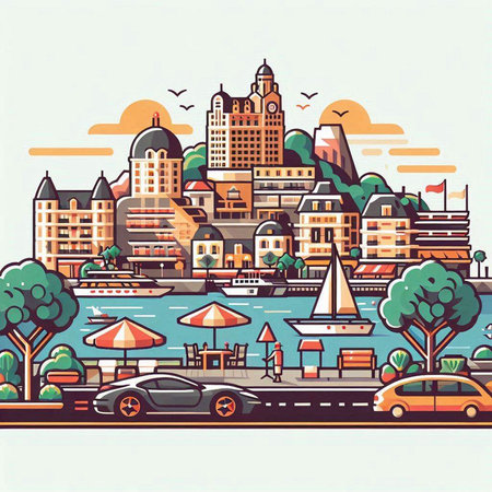 City landscape with buildings, roads and trees. Vector illustration in retro styleのイラスト素材