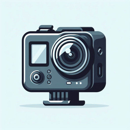 Vector illustration of a digital camera on a blue background. Flat style.のイラスト素材