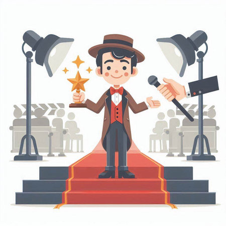 Illustration of a magician holding a golden star on a red carpetのイラスト素材