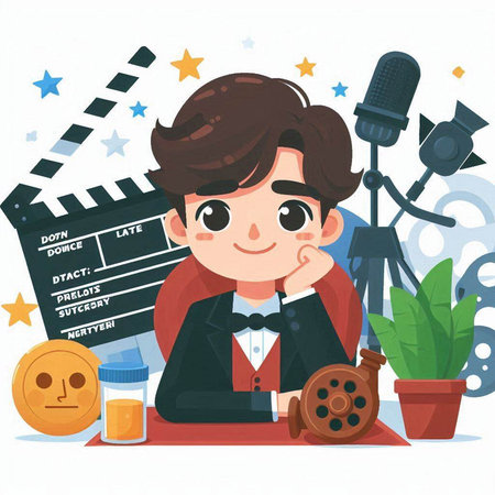 Cute cartoon boy with movie clapper board. Vector illustration.のイラスト素材