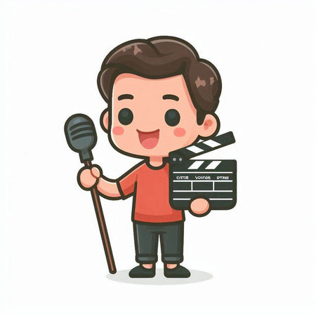Cute cartoon man with clapper board and microphone. Vector illustration.のイラスト素材