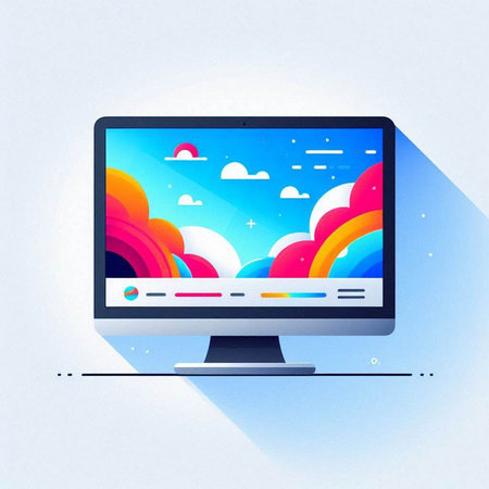 Computer monitor with colorful cloud and sun on the screen. Vector illustrationのイラスト素材