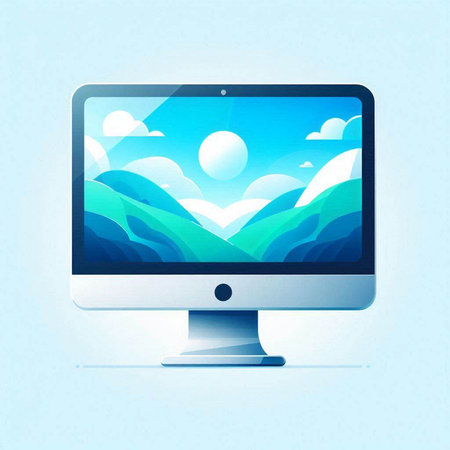 Computer screen with mountains and clouds on blue background. Vector illustration.のイラスト素材
