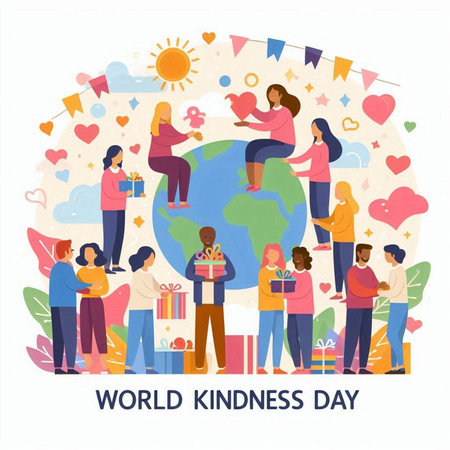 World Kindness Day. Group of people around the planet. Vector illustration.のイラスト素材