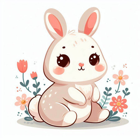 Cute cartoon rabbit sitting on the floor with flowers. Vector illustration.のイラスト素材