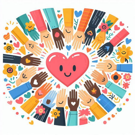 Hand drawn vector illustration of happy group of people holding hands around heartのイラスト素材