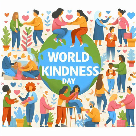 World Kindness Day banner with people hugging each other and giving love to each other. Vector illustration.のイラスト素材