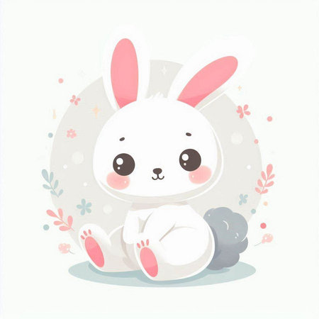 Cute cartoon bunny sitting on white background. Vector illustration for kidsのイラスト素材
