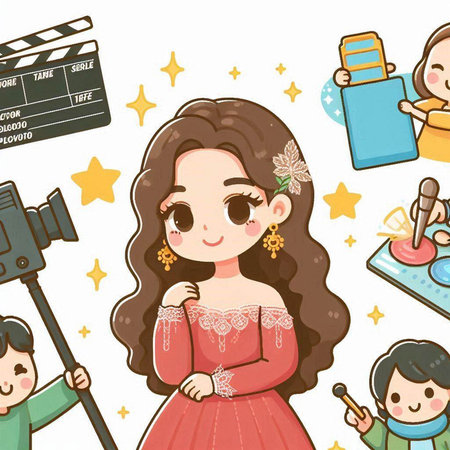 Illustration of a Cute Girl Wearing a Red Dress and Holding a Cameraのイラスト素材