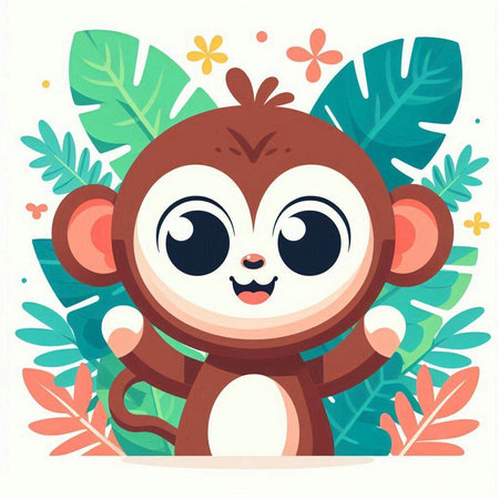 Cute cartoon monkey with flowers and tropical leaves. Vector illustration.のイラスト素材