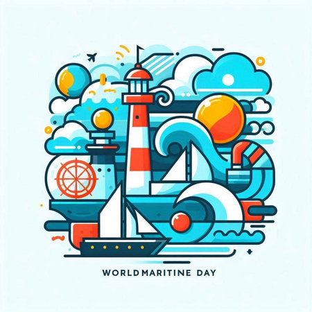 Vector flat line art illustration of sailboat, lighthouse, ship, steering wheel and seagull.のイラスト素材