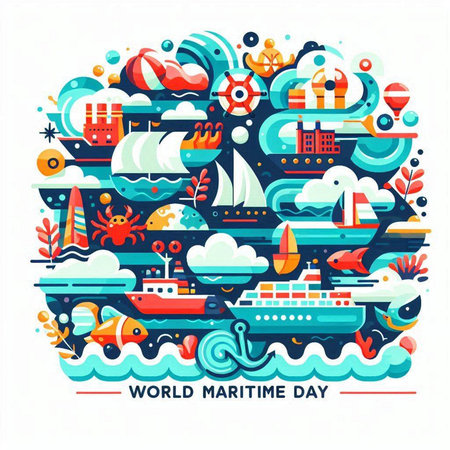 World Maritime Day banner with colorful sea and ship symbols. Vector illustrationのイラスト素材