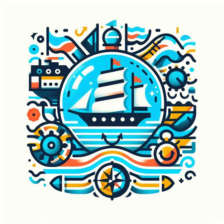 Marine banner with ship, steering wheel, anchor and steering wheel. Vector illustrationのイラスト素材