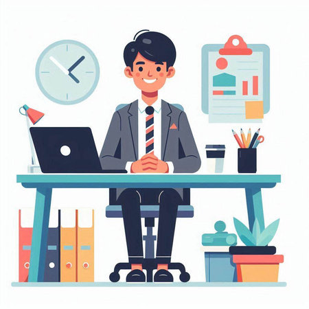 Businessman sitting at desk with laptop and documents. Flat style vector illustration.のイラスト素材